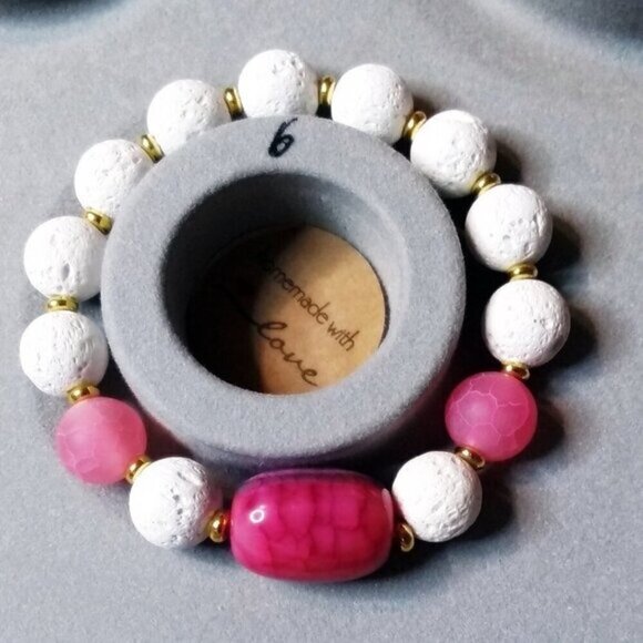 White Lava Rock Beads + Pink Dragonvein Agate ~ Petite Chunky Stretch Bracelet - Picture 6 of 8